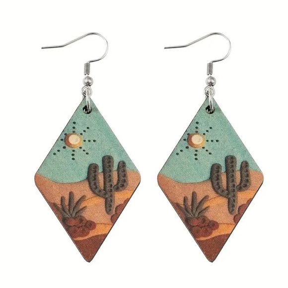 Cactus Earrings Southwest Wood Dangle Sun Desert Boho Hippie Diamond Stylish - Picture 2 of 4